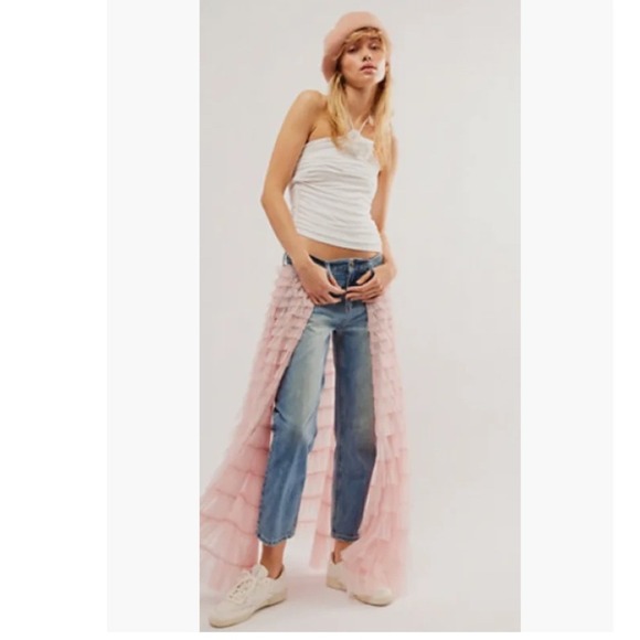 Free People Denim - Free People We The Free Pirouette Pink Tiered Tulle Overlay Jeans Blue 28